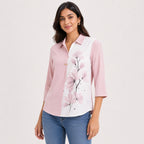 Women's Pink Floral Print Color Block Casual Top | Elegant Collared Everyday Fashion Blouse-2