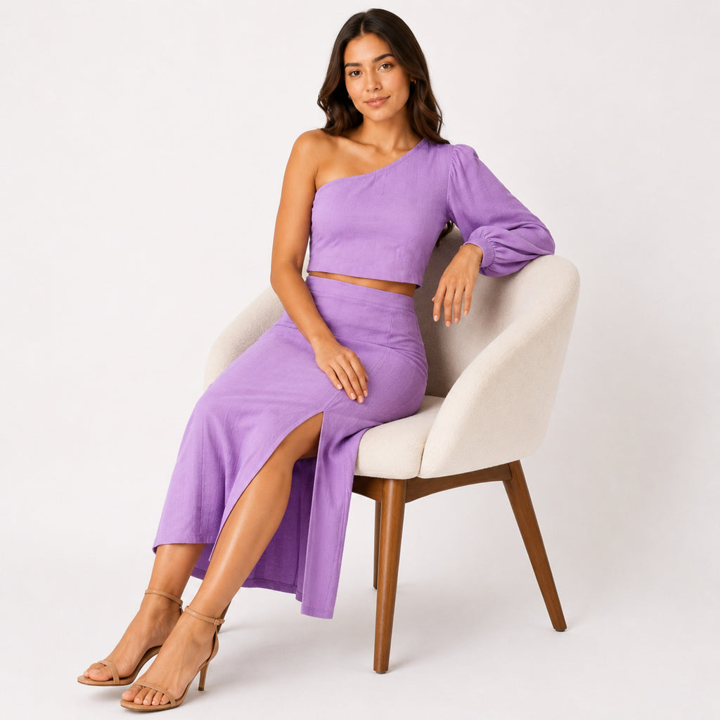 Women's Purple One-Shoulder Crop Top and Midi Skirt Co-Ord Set-2