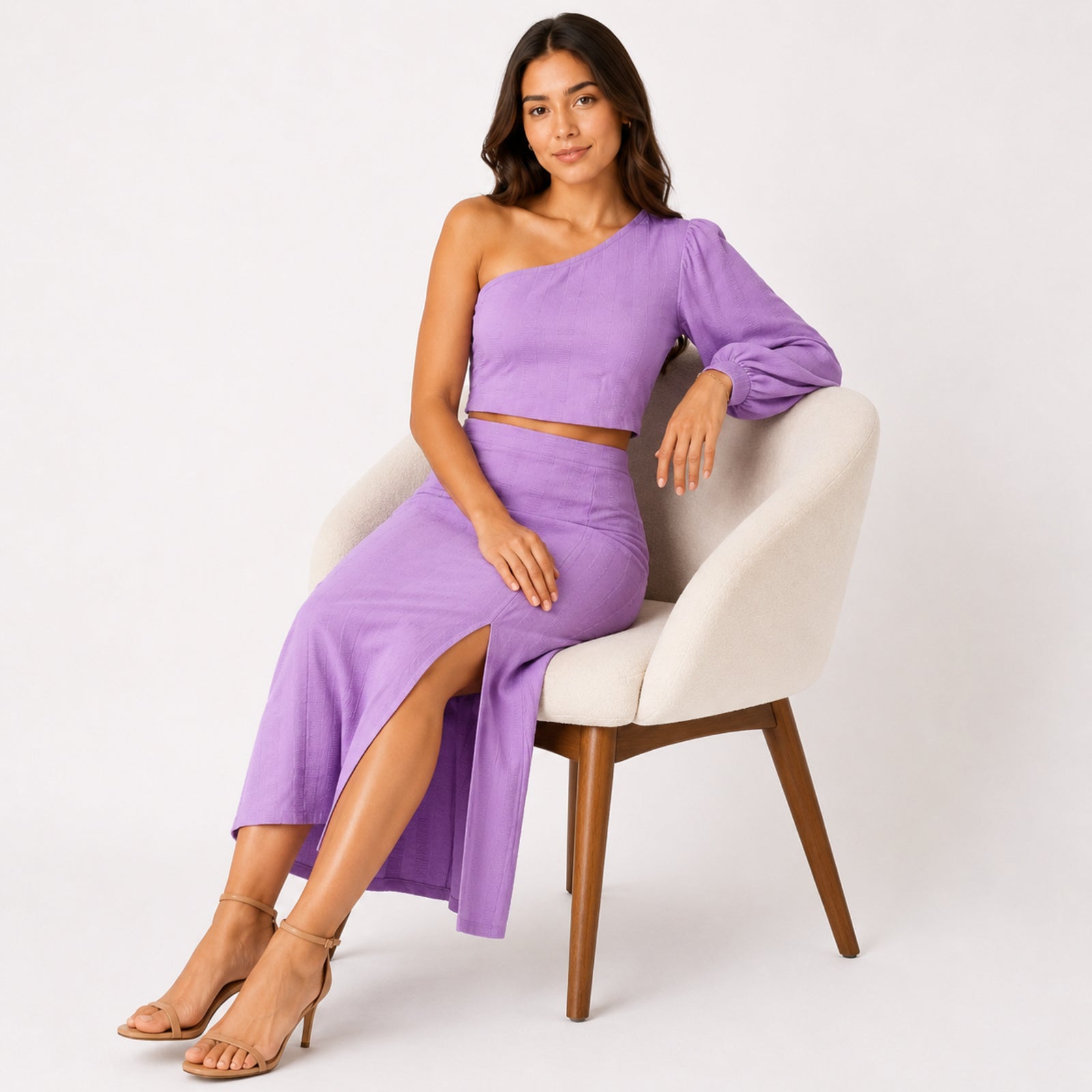 Women's Purple One-Shoulder Crop Top and Midi Skirt Co-Ord Set-2