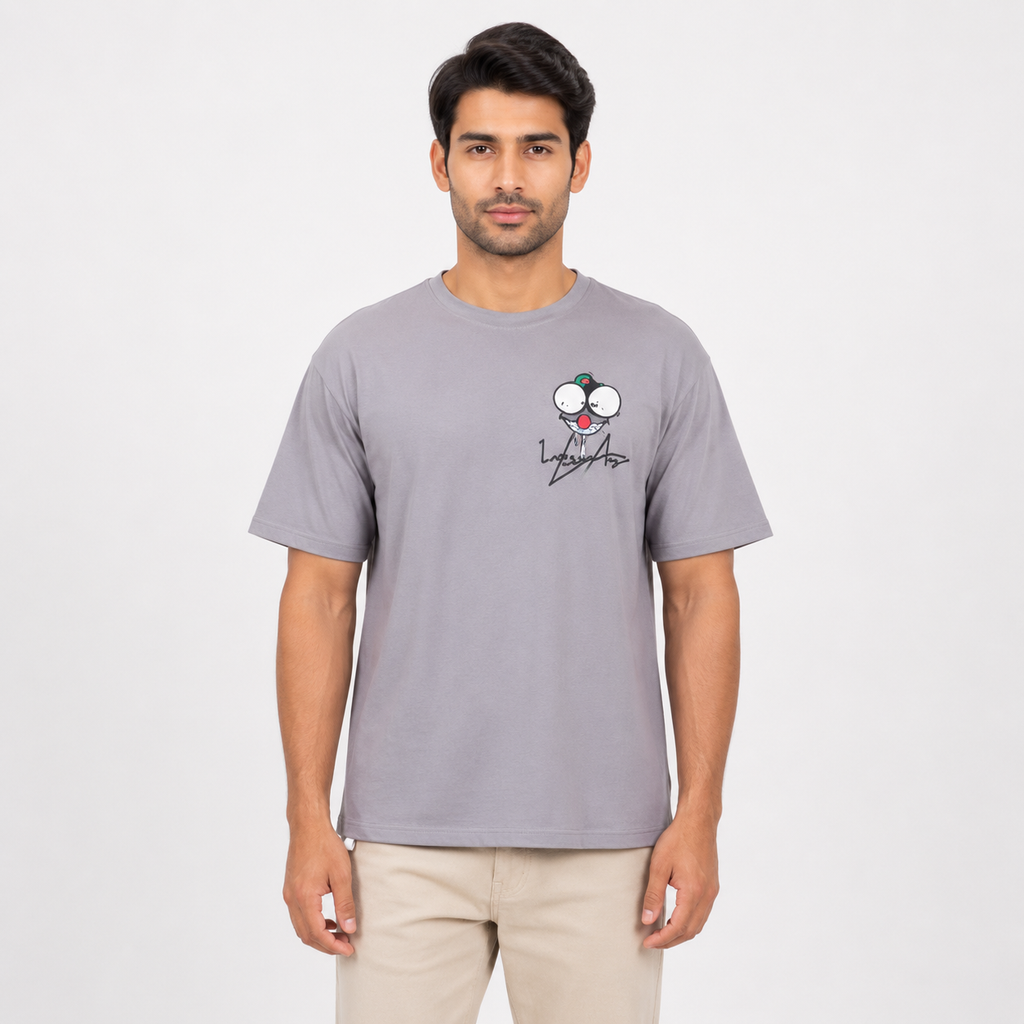 Men's Smoke Grey Cartoon Graphic Oversized T-Shirt-4