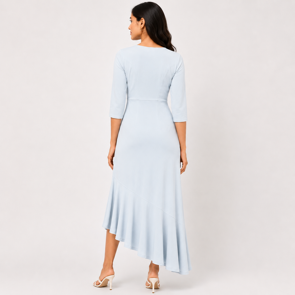 Women's Sky Blue Solid Round Neck Asymmetrical Ruffle Hem Midi Dress-1