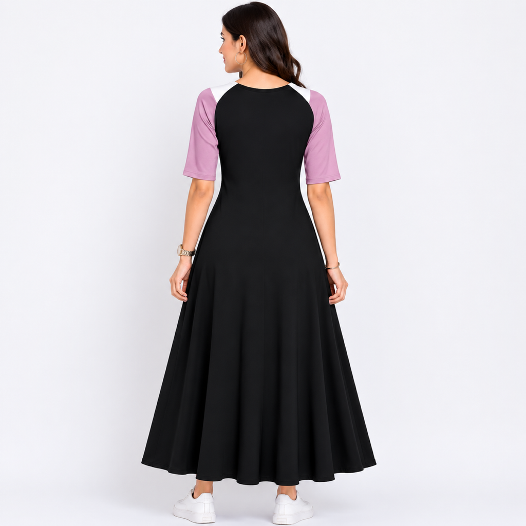Women's Pink Color Block V-Neck Half Sleeve Maxi Dress-2