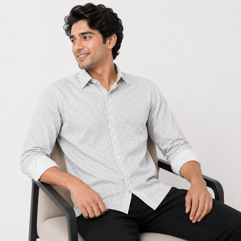 Men's Luxe White Geometric Print Formal Shirt-2