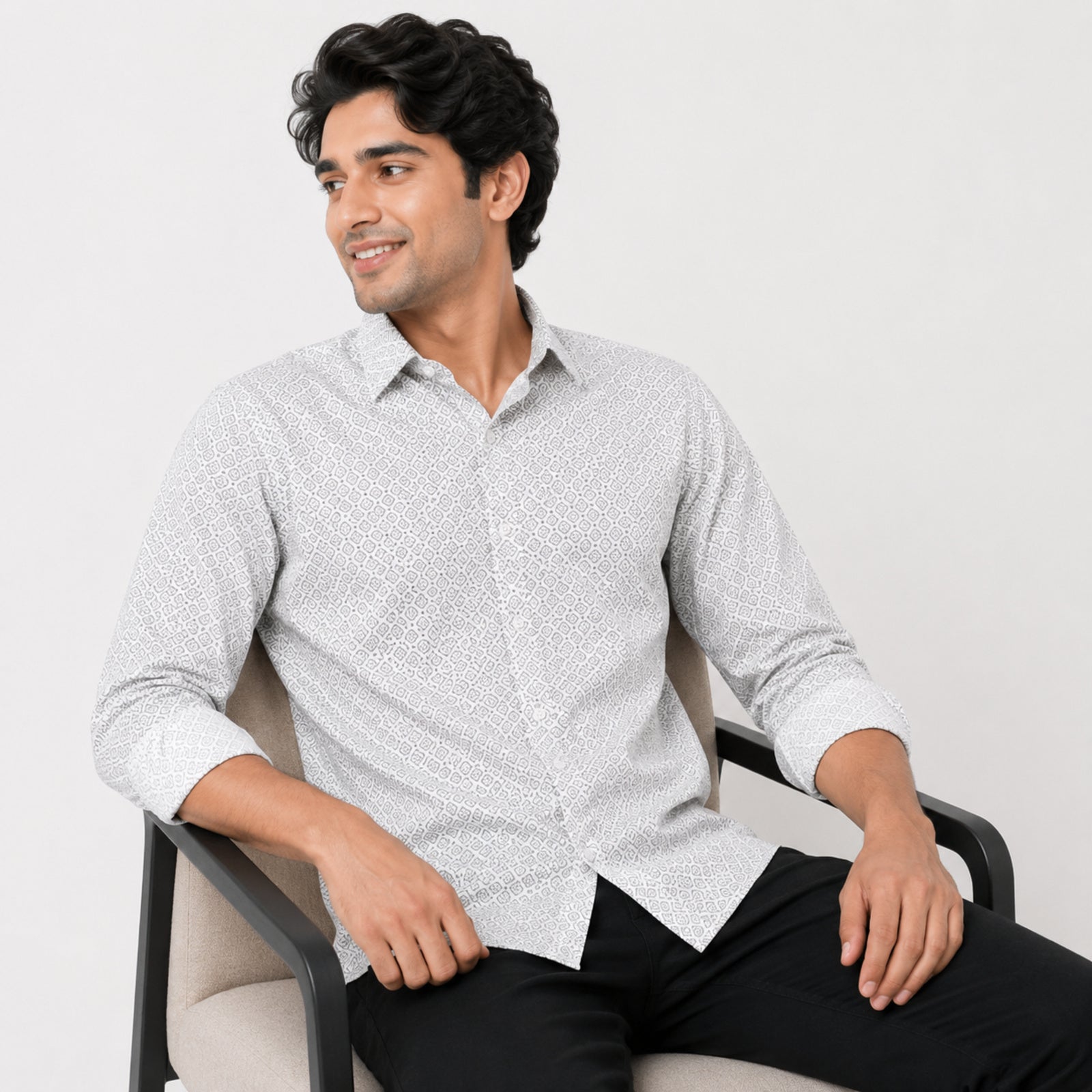 Men's Luxe White Geometric Print Formal Shirt-2