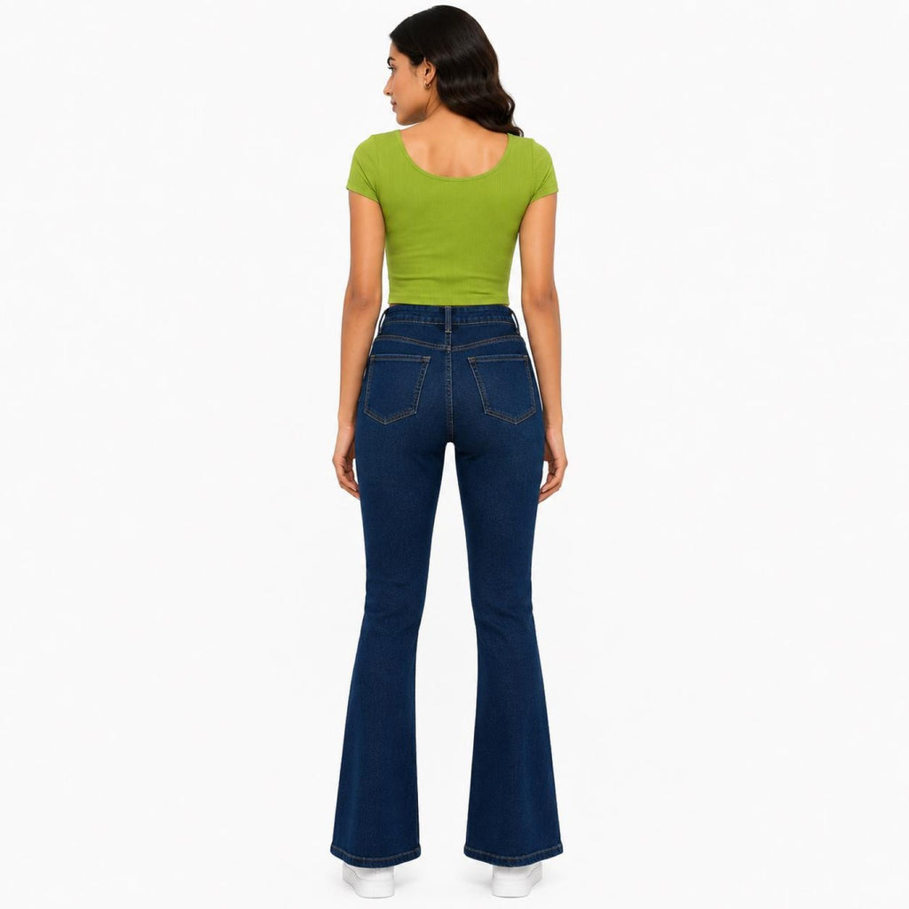 Women's Dark Blue Flared High-Rise Jeans | Casual Everyday Denim Pants-4