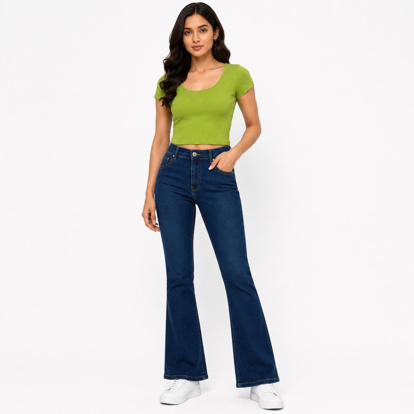 Women's Dark Blue Flared High-Rise Jeans | Casual Everyday Denim Pants-3