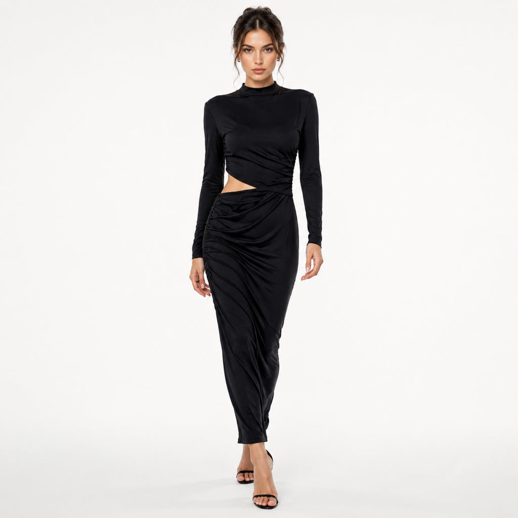 Women's Black High Neck Cut-Out Draped Midi Dress | Sleek Ruched Evening Dress-1