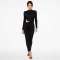 Women's Black High Neck Cut-Out Draped Midi Dress | Sleek Ruched Evening Dress-1