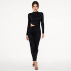 Women's Black High Neck Cut-Out Draped Midi Dress | Sleek Ruched Evening Dress-1