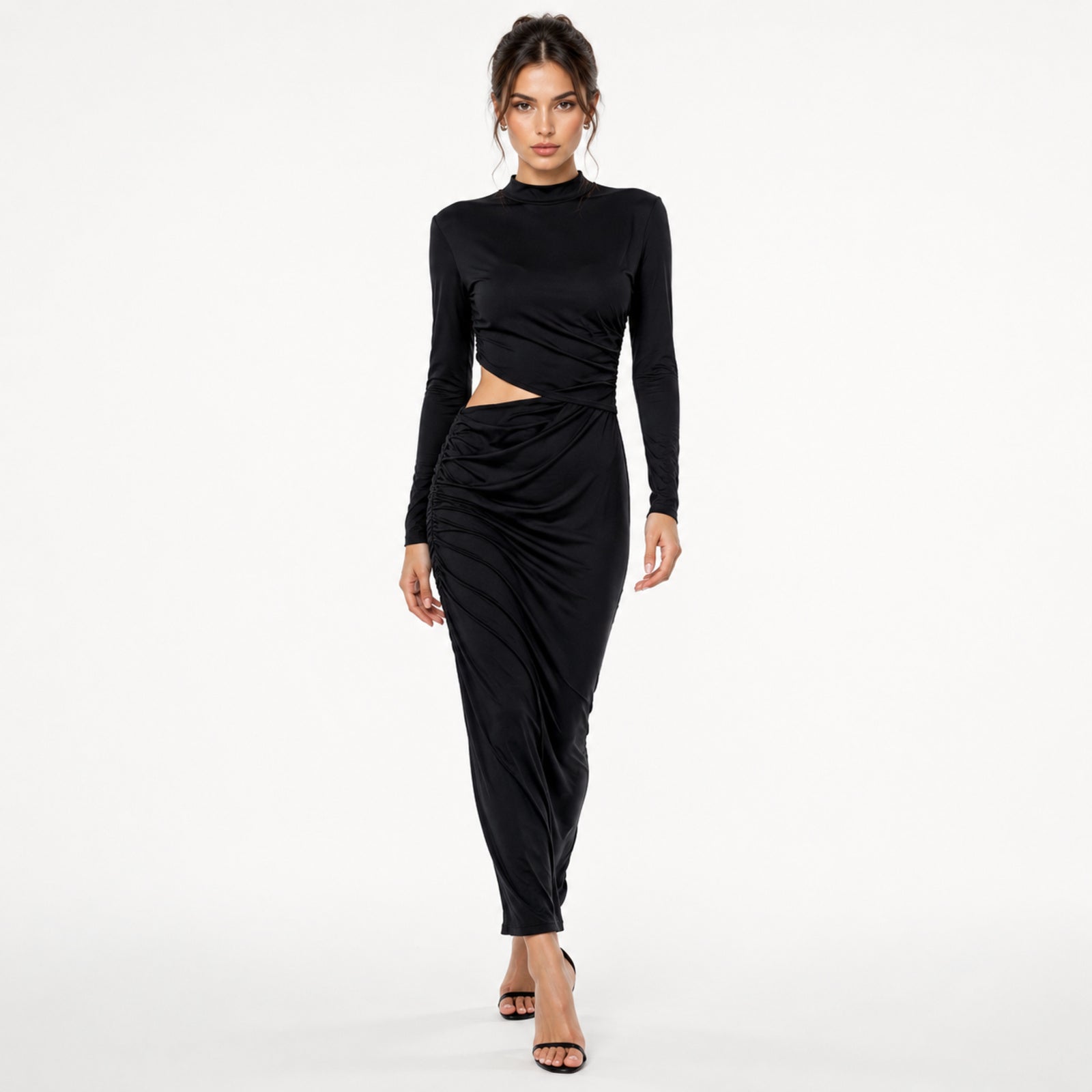 Women's Black High Neck Cut-Out Draped Midi Dress | Sleek Ruched Evening Dress-1