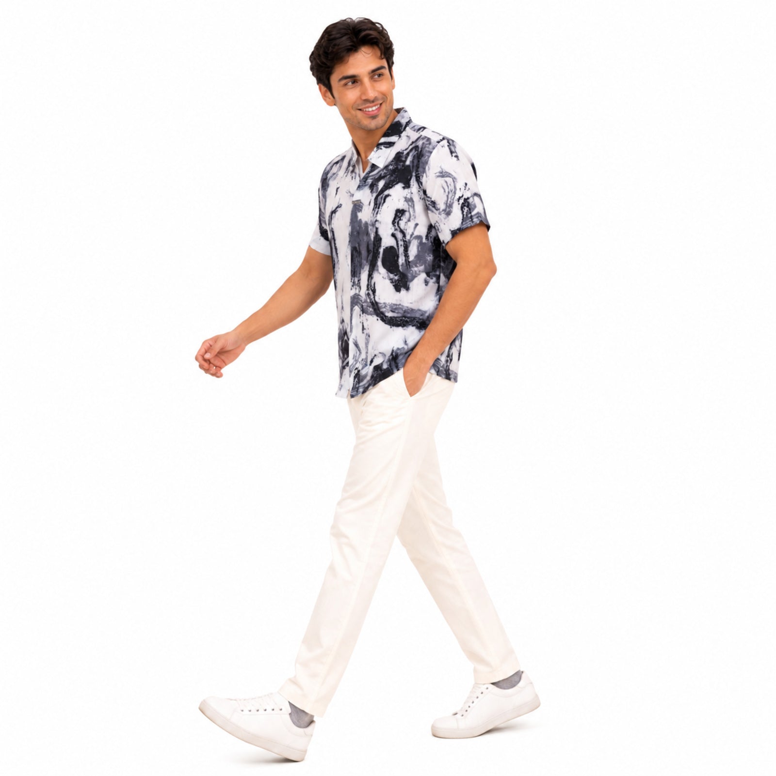 Men's Monochrome Marble Print Casual Shirt-1