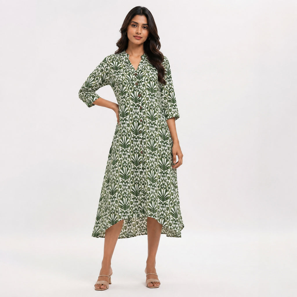 Women's Olive Green Ikat Printed Kurta-3