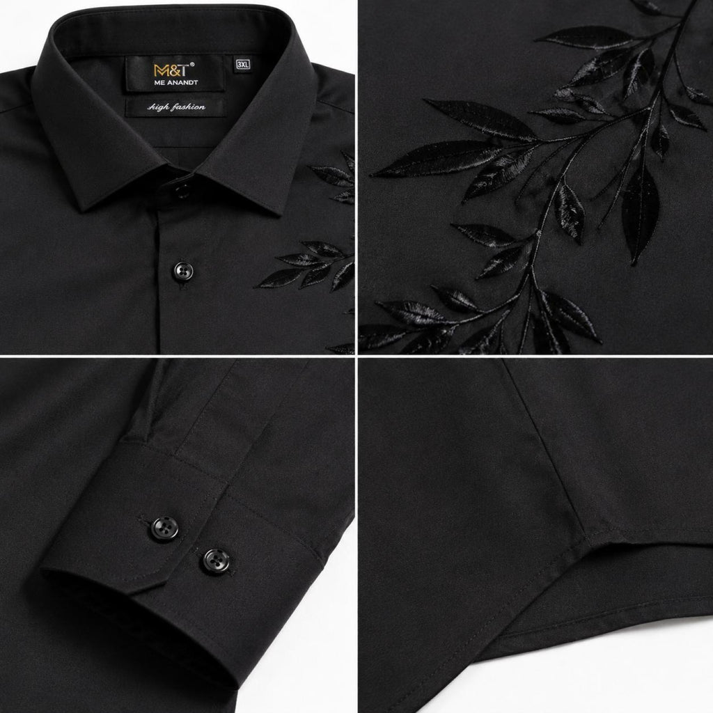 Men's Black Shadow Leaf Embroidered Shirt | Premium Evening Wear Full Sleeve Shirt-3