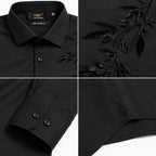Men's Black Shadow Leaf Embroidered Shirt | Premium Evening Wear Full Sleeve Shirt-3