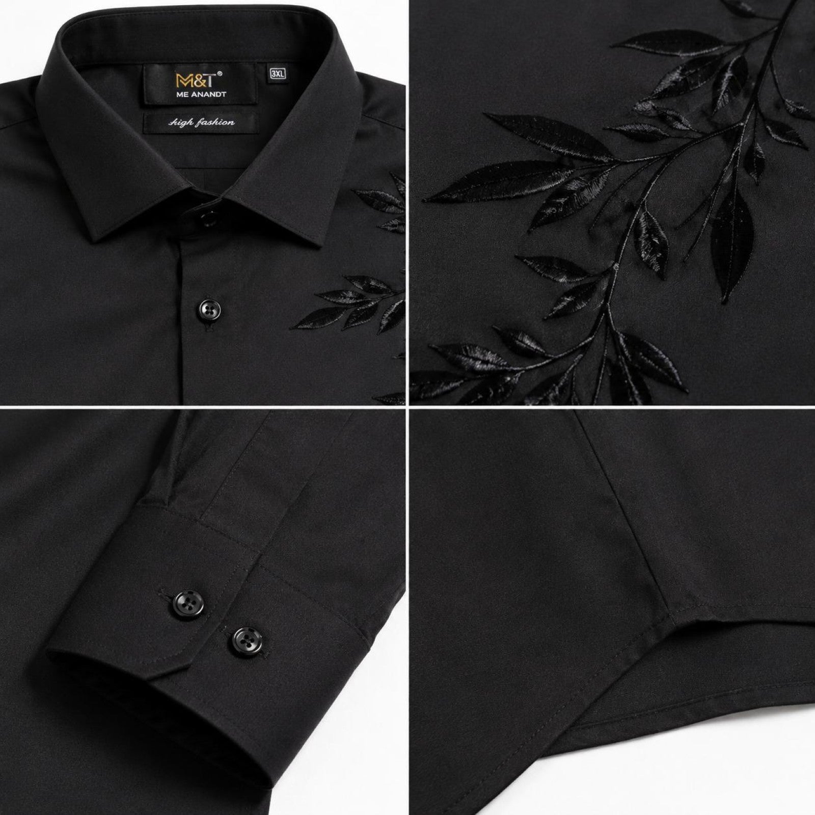 Men's Black Shadow Leaf Embroidered Shirt | Premium Evening Wear Full Sleeve Shirt-3