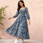 Women's Blue Floral Tie-Up Midi Dress-3