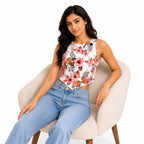 Women's Red Floral Handkerchief Hem Crop Top-3