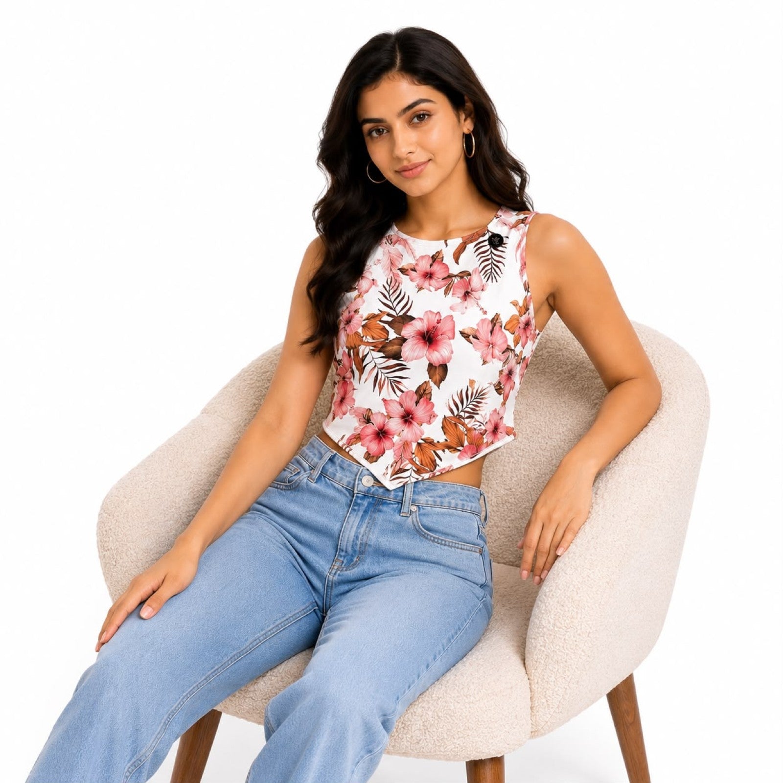 Women's Red Floral Handkerchief Hem Crop Top-3