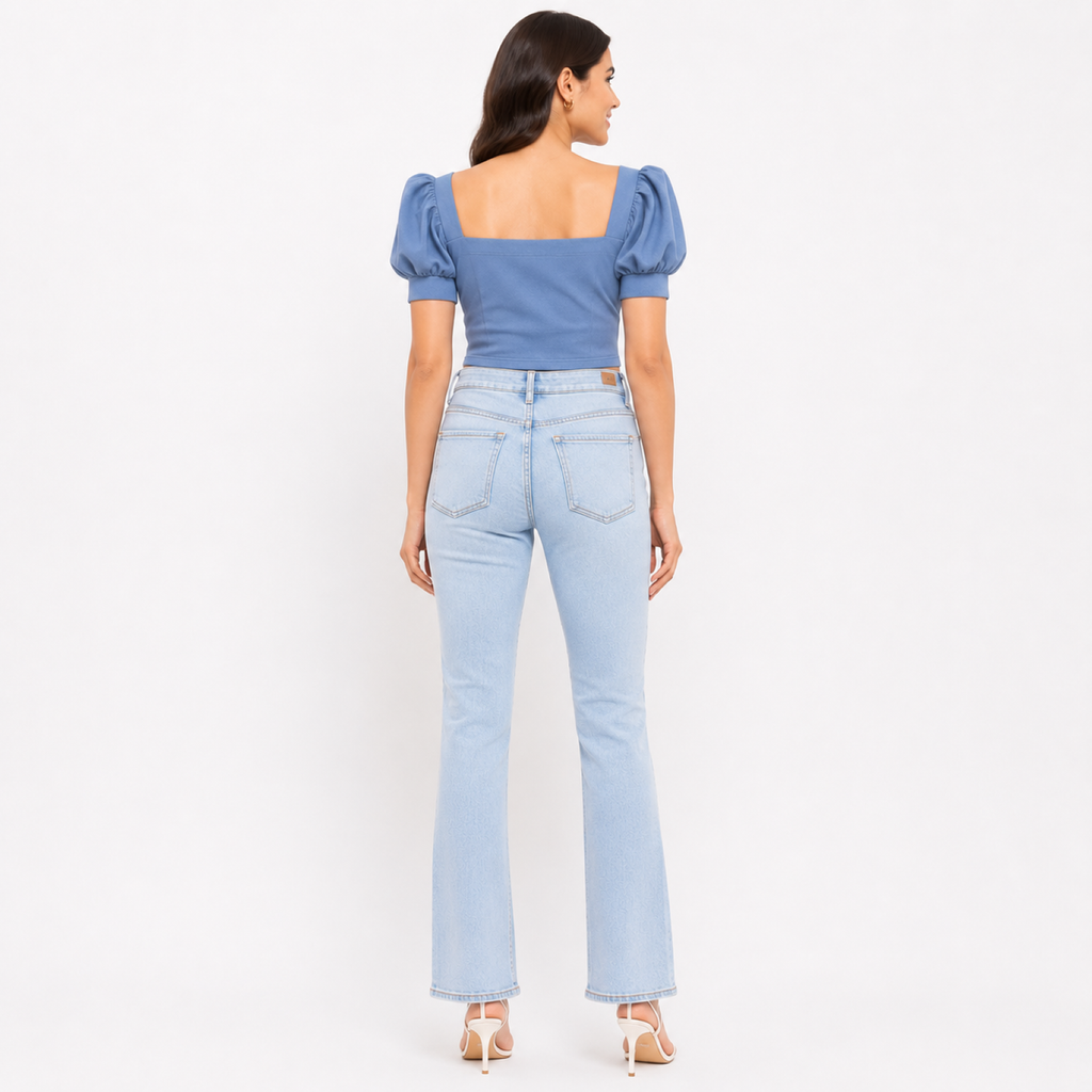 Women's Blue Solid Square Neck Puff Sleeve Crop Top-2