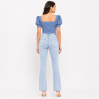 Women's Blue Solid Square Neck Puff Sleeve Crop Top-2
