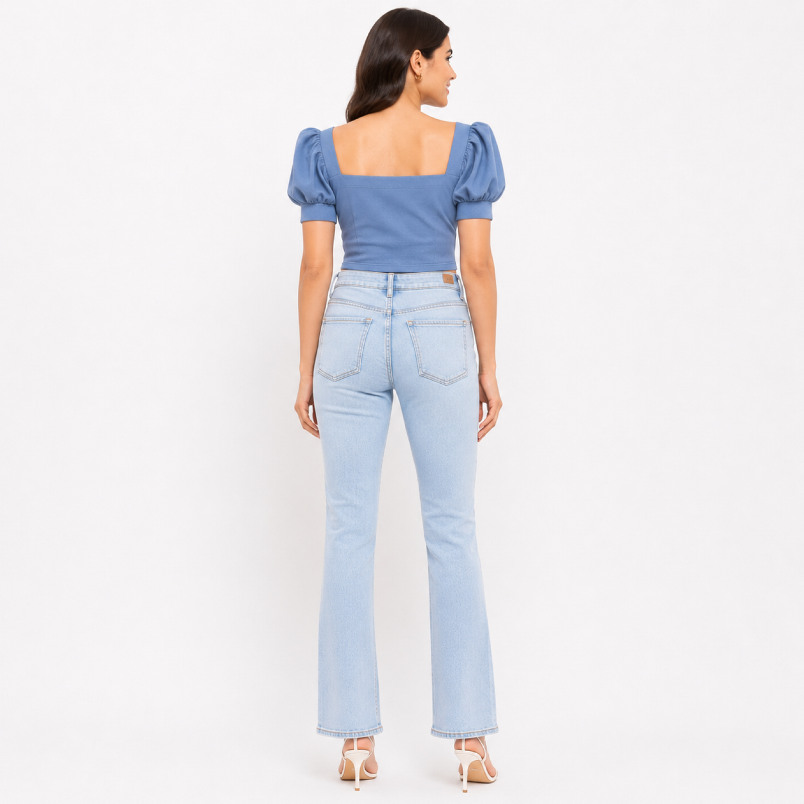 Women's Blue Solid Square Neck Puff Sleeve Crop Top-2