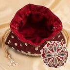 Women's Maroon Embroidered Potli Bag with Pearl Handle-4