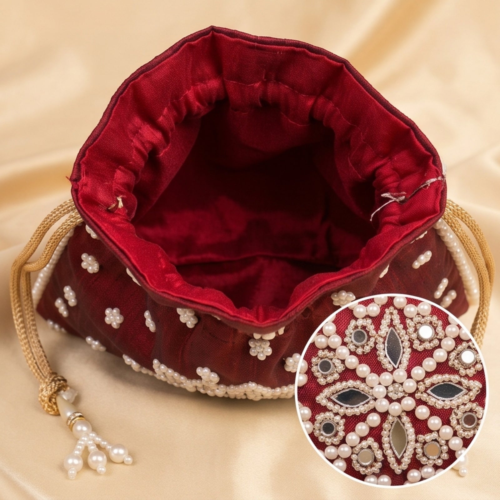 Women's Maroon Embroidered Potli Bag with Pearl Handle-4