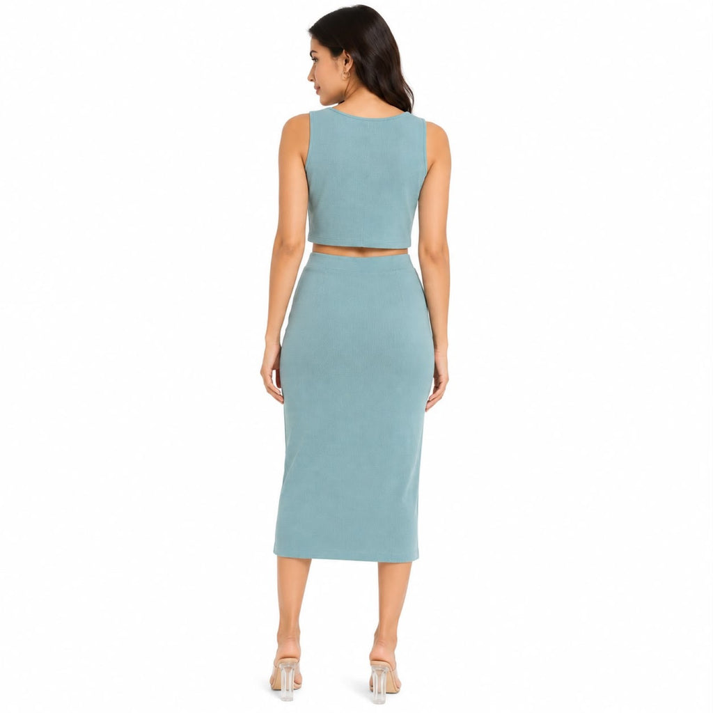 Women's Smoke Blue Sleeveless Crop Top & Midi Skirt Co-Ord Set-4