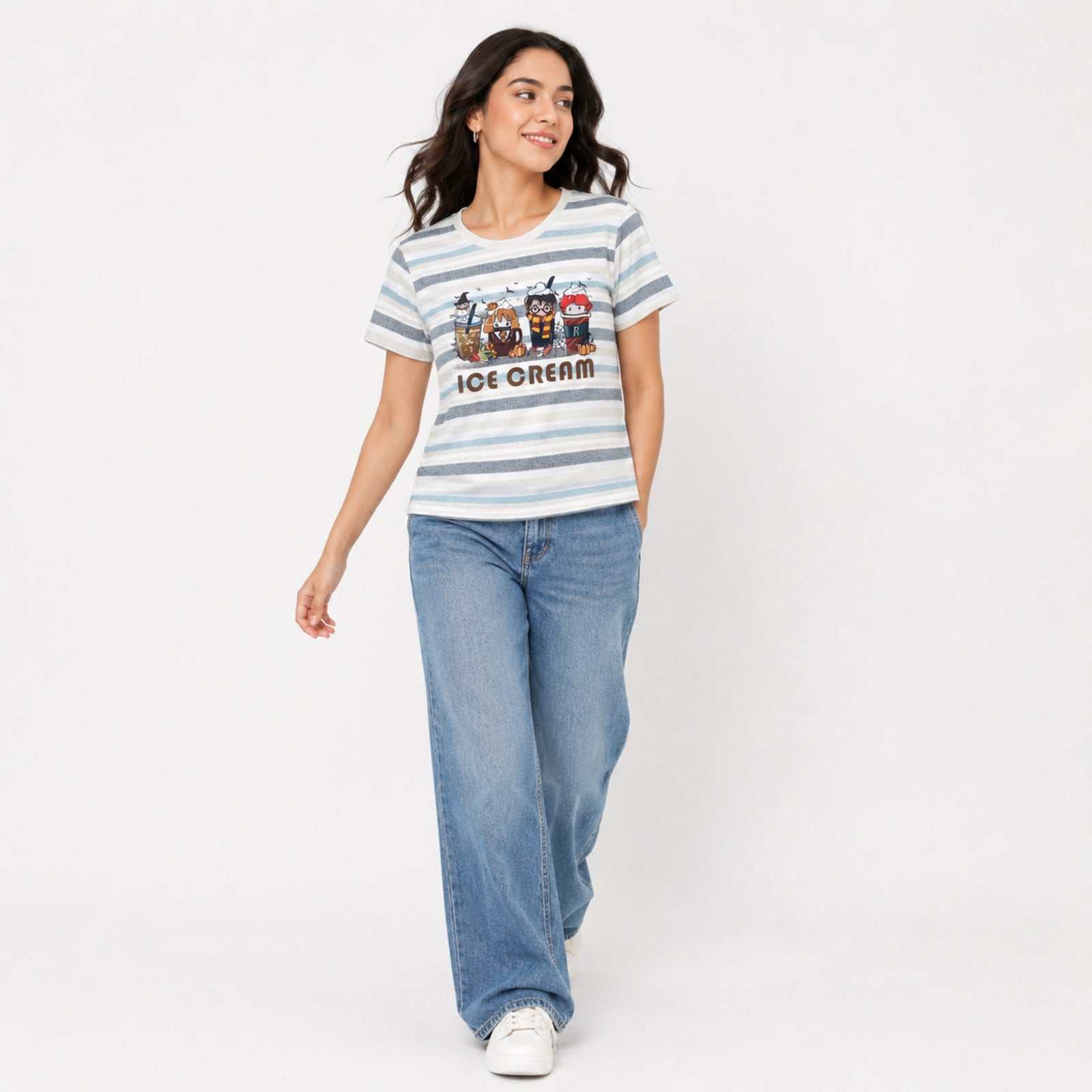 Women's Beige Striped Graphic Print Crew Neck T-Shirt-2