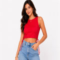 Women's Imperial Ruby Red Crew-Neck Tank Crop Top with Dual Side-Cinched Drawstrings-1