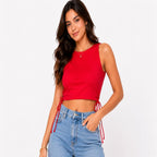 Women's Imperial Ruby Red Crew-Neck Tank Crop Top with Dual Side-Cinched Drawstrings-1
