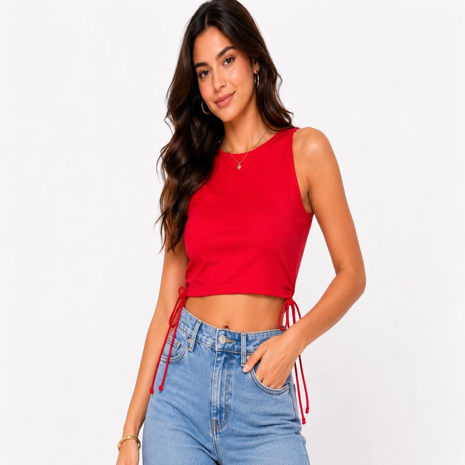 Women's Imperial Ruby Red Crew-Neck Tank Crop Top with Dual Side-Cinched Drawstrings-1