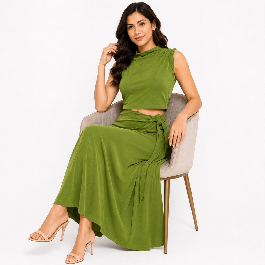 Women's Green Sleeveless Crop Top & Maxi Skirt Co-Ord Set-2