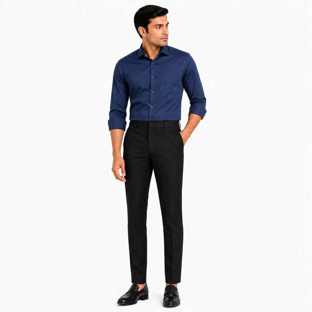 Men's Navy Blue Slim Tapered Flat-Front Formal Trousers | Smart Office Wear Pants-1