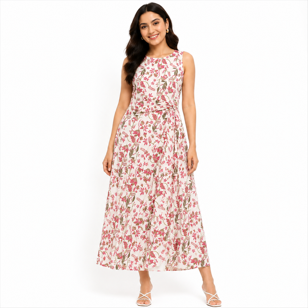 Women's Cream Floral Printed Sleeveless Round Neck Maxi Dress-3