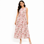 Women's Cream Floral Printed Sleeveless Round Neck Maxi Dress-3