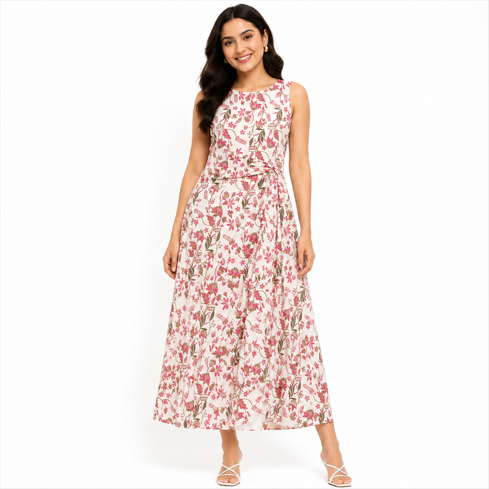 Women's Cream Floral Printed Sleeveless Round Neck Maxi Dress-3