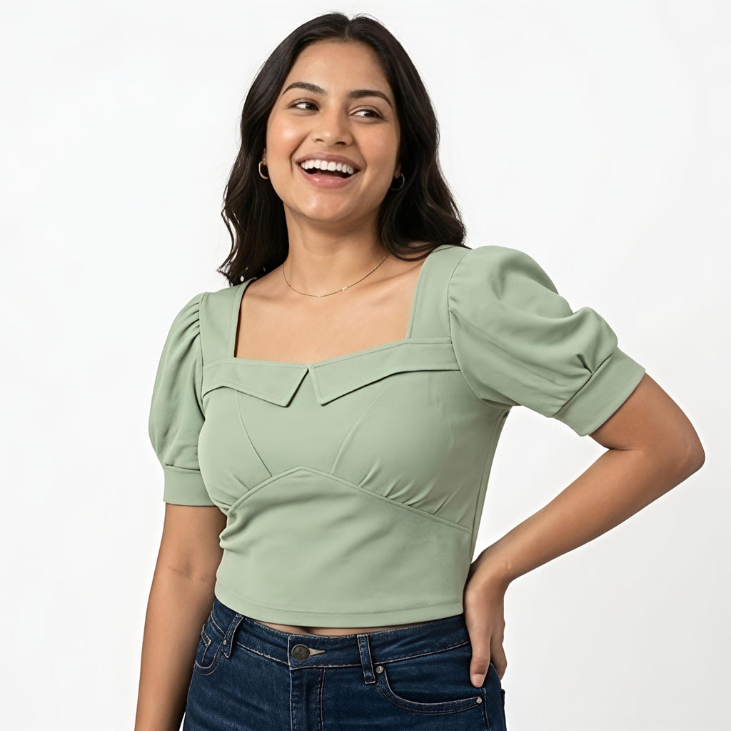 Women's Elegant Square Neck Puff Sleeve Top – Mint Green-1