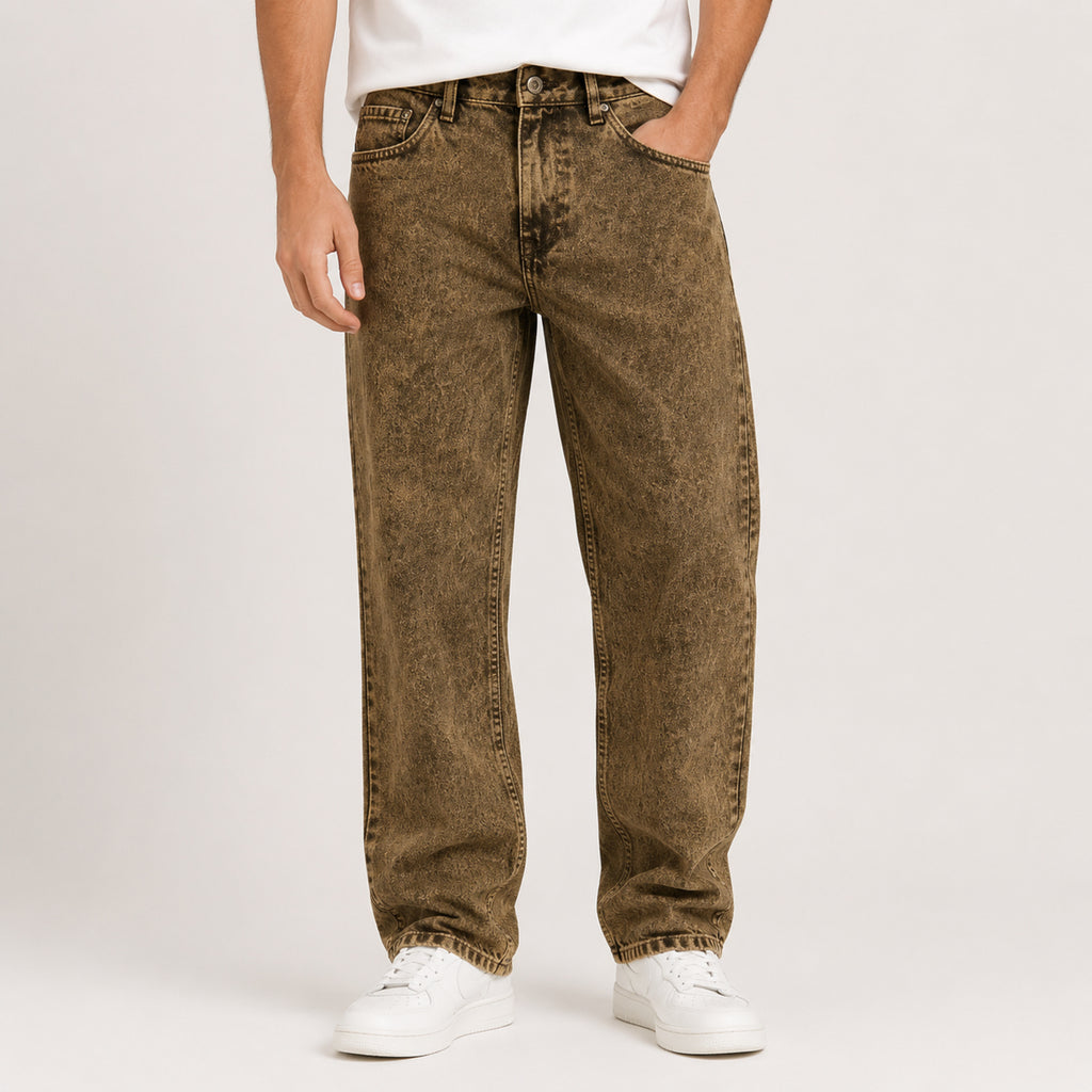 Men's Faded Yellow Vintage Wash Straight Fit Denim Jeans-4