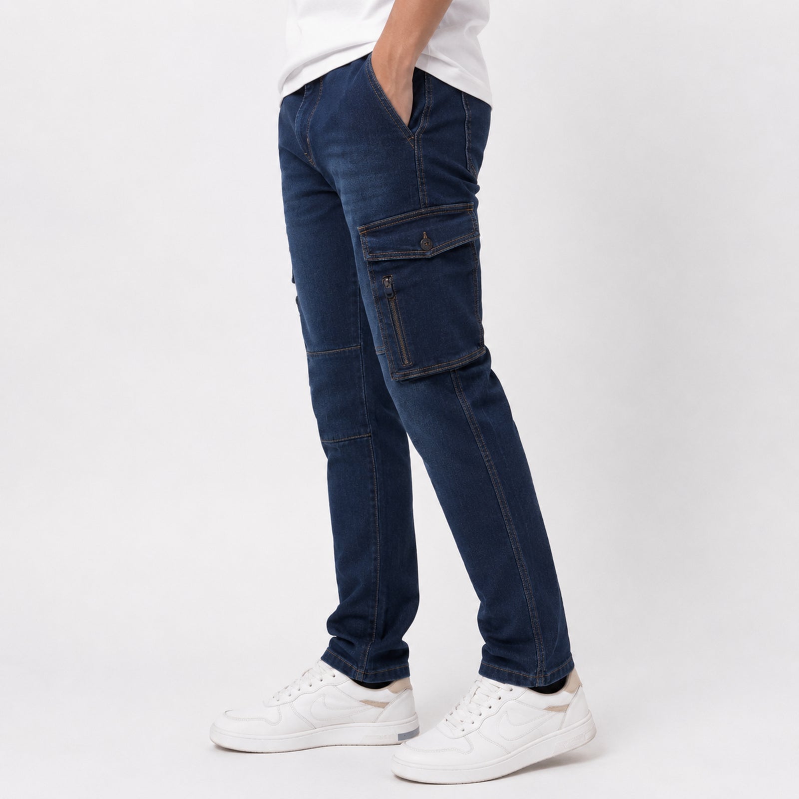 Men's Dark Blue Cargo Denim Jeans-2