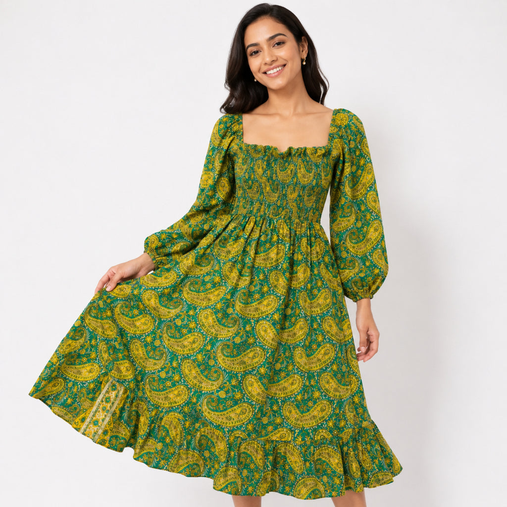 Women's Paisley Print Smocked Midi Dress-1