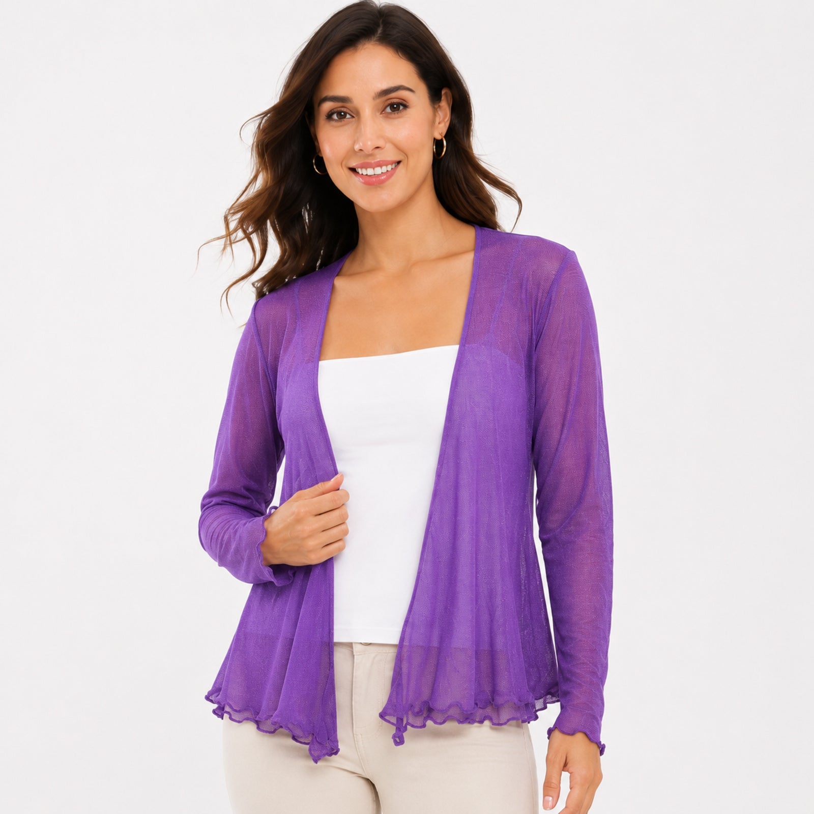 Women's Purple Sheer Open Front Shrug | Lightweight Mesh Layering Cardigan-2