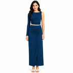 Women's Navy Blue Solid One-Shoulder Full Sleeve Crop Top and Draped Maxi Skirt Co-Ord Set for Party Wear-3