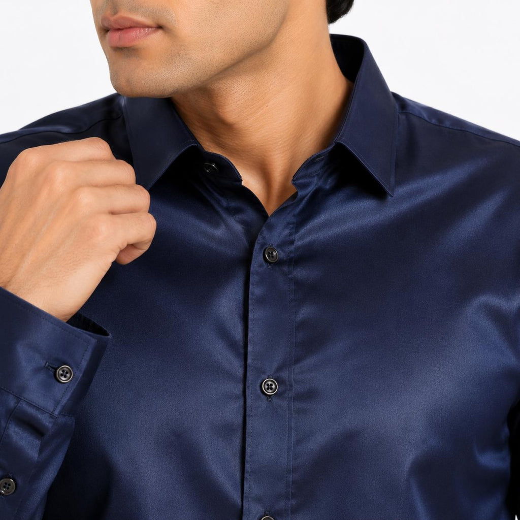 Men's Navy Blue Satin Finish Full Sleeve Party Shirt-3
