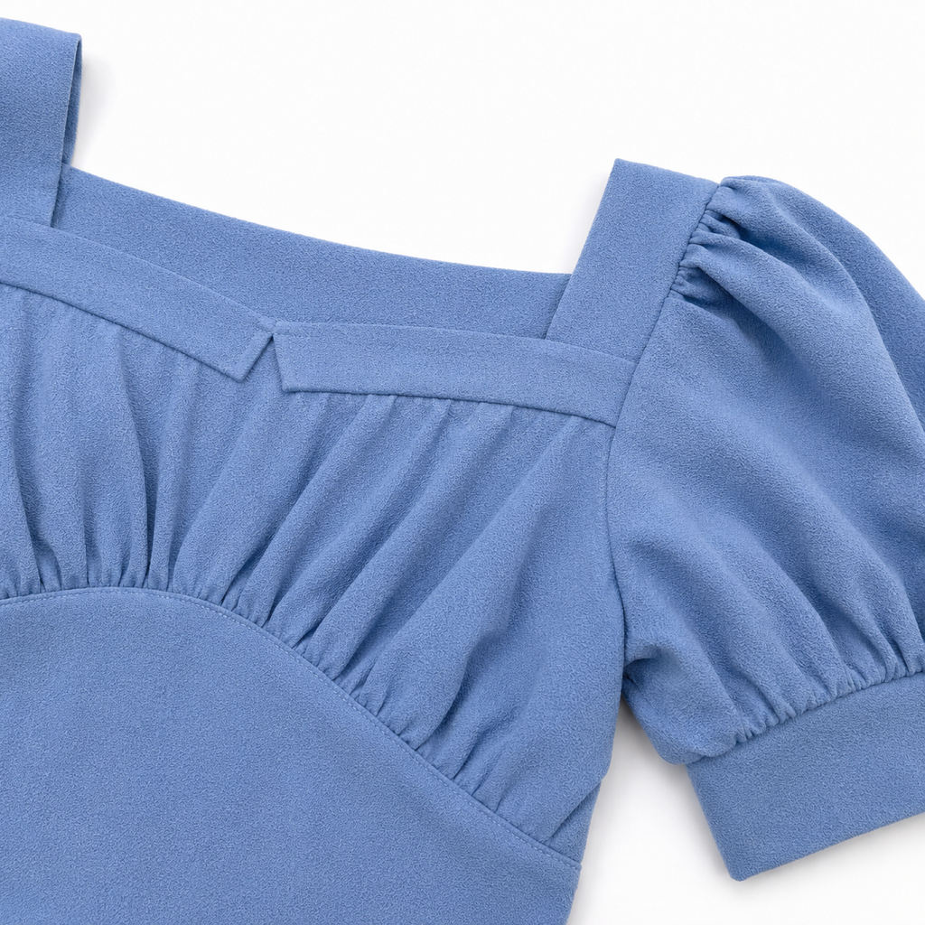 Women's Blue Solid Square Neck Puff Sleeve Crop Top-1