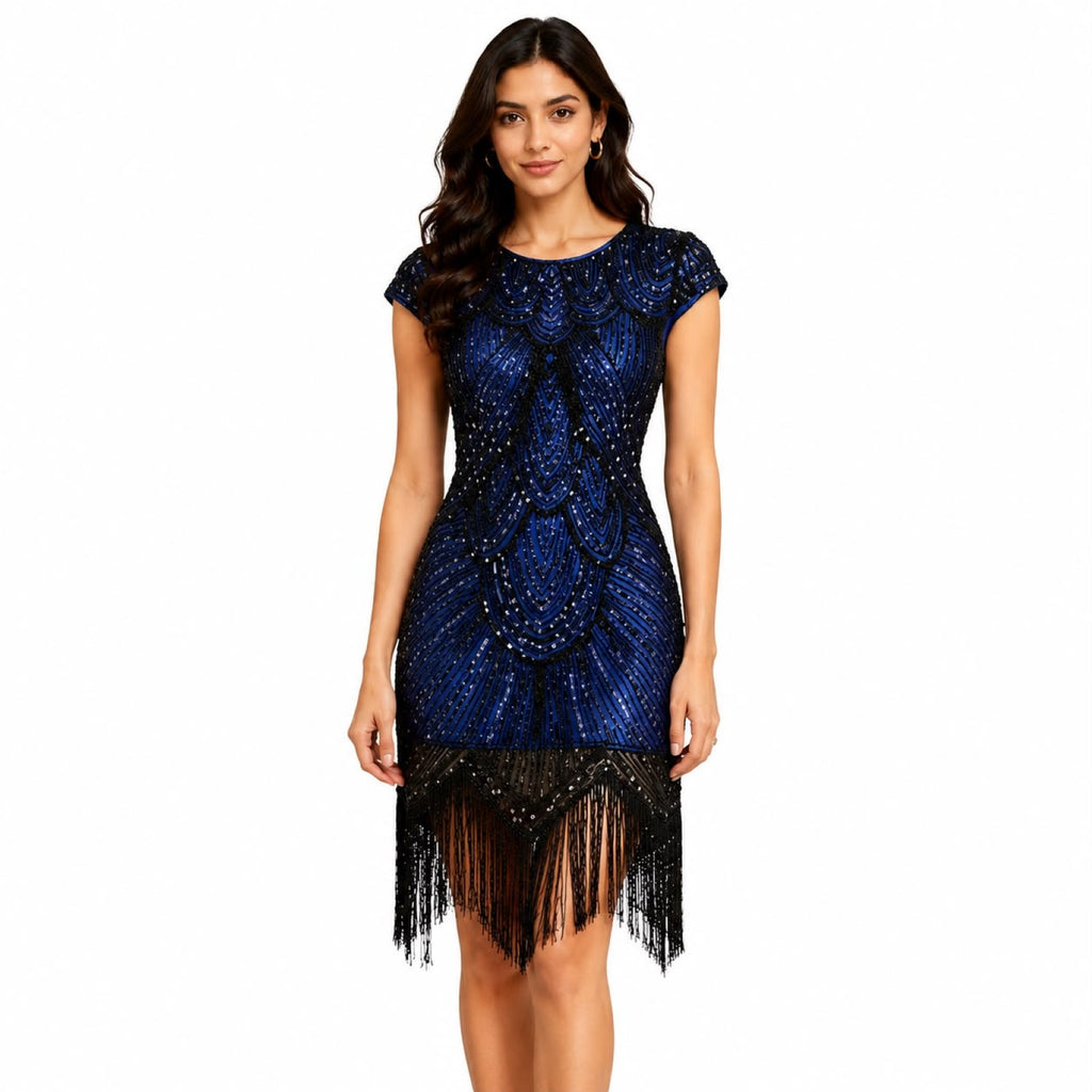Women's Blue Embellished Fringe Party Dress with Art Deco Inspired Detailing-4