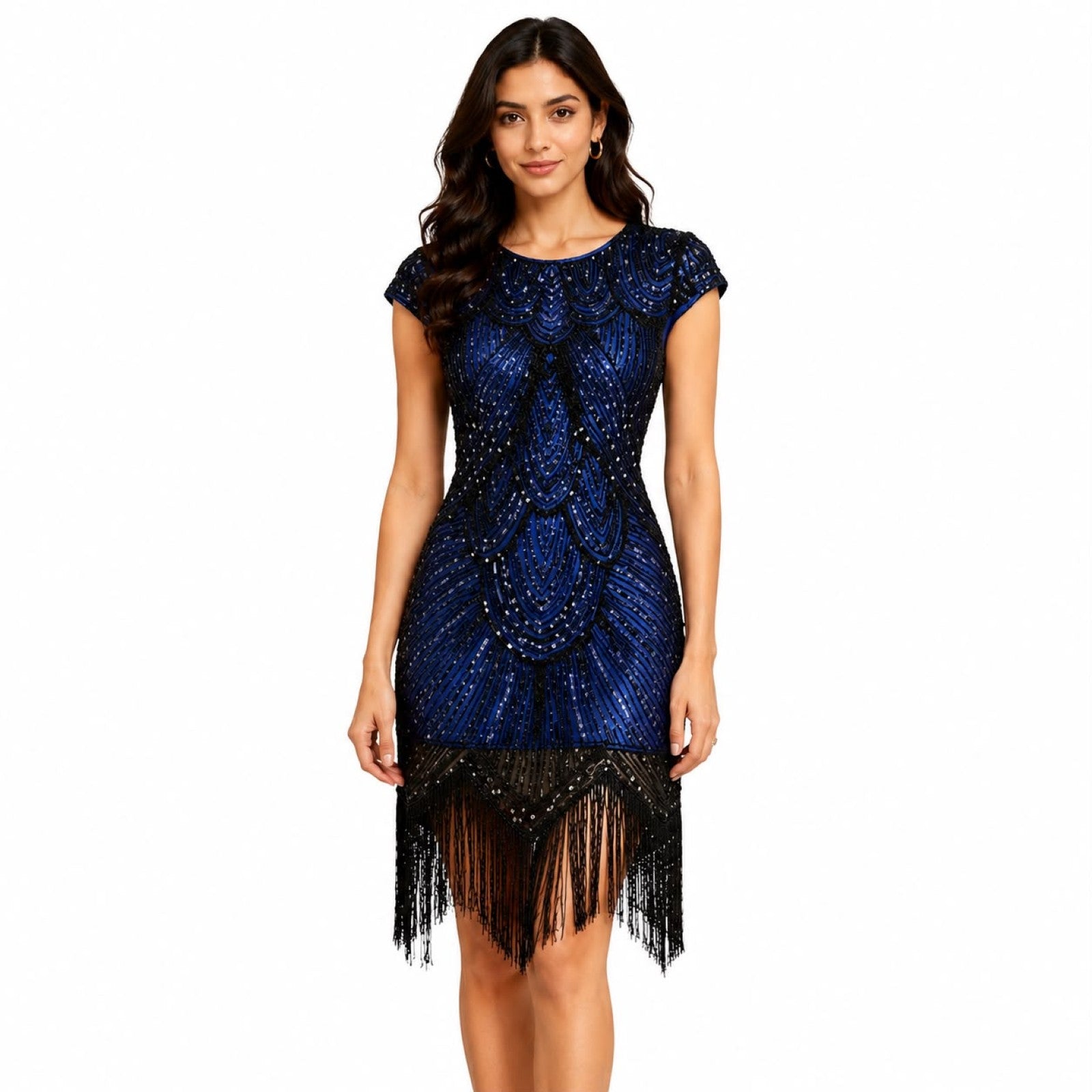 Women's Blue Embellished Fringe Party Dress with Art Deco Inspired Detailing-4