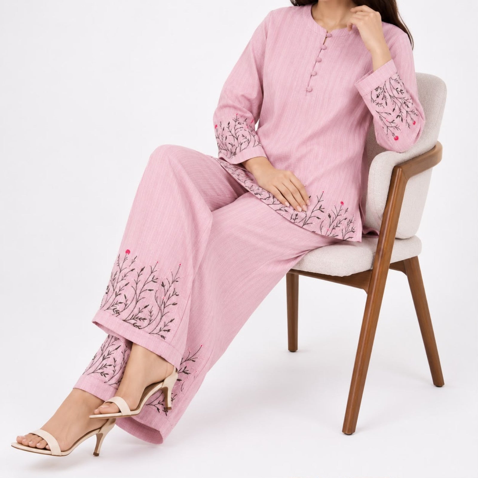 Women's Embroidered Kurta Pant Co-Ord Set | Elegant Straight Fit Ethnic Wear Set with Wide Leg Pants – Pink-2