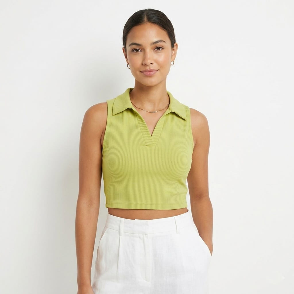 Women's Parrot Green Ribbed Sleeveless Crop Polo Top-1