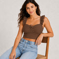 Women's Coffee Brown Ribbed Ruffle Strap Crop Top-1